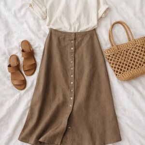 Grae Cove 100% Linen Midi Skirt Brown Button Front A-Line Minimalist Boho Sz M